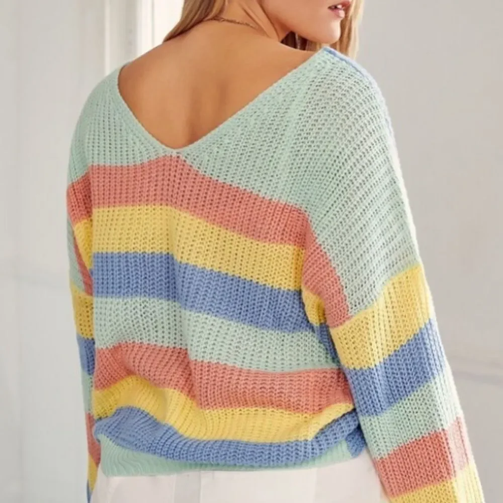 Gilli Sweater Pastel Rainbow Striped Twist Front Drop Shoulder Acrylic Size L